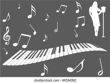 Illustration of a piano, music notes and girl singing