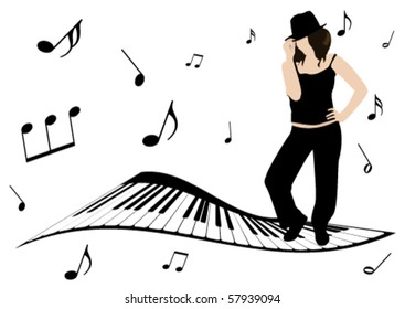 Illustration of a piano, music notes and girl singing