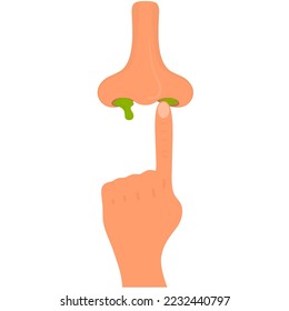Illustration of picking nose with finger on white background. Cartoon hand with dripping green snot.
