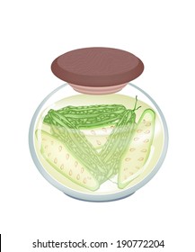  An Illustration of Pickled Bitter Melons, Balsam Pear, Balsam Apple or Bitter Gourd in Brine of Vinegar and Salt in A Glass Jar. 