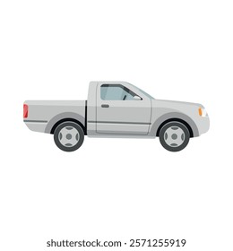 Illustration of a pickup truck featuring a compact design and smooth lines, isolated on a clean white background. Ideal for transporting cargo, it emphasizes practicality and durability.