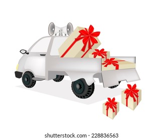 An Illustration of Pickup Truck Full with Lovely Gift Boxes, A Perfect Gift or Present for Someone Special. 