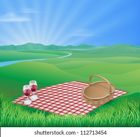 Illustration of a picnic in a beautiful rural scene with wine glasses and wicker basket