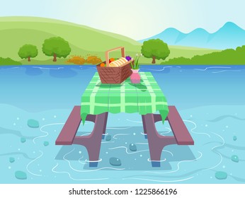 Illustration Of A Picnic Blanket With Basket Spread On A Picnic Table And Bench Over Shallow Water