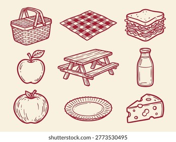 Illustration of picnic items including a basket, blanket, sandwiches, apples, table, milk, plate, and cheese, all in a vintage style.