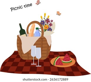 Illustration of picnic items. Romantic weekend. Basket stands on a blanket. Bottle of wine, glasses, water and baguette. Bouquet of field flowers. Plates with watermelon slices. Vector illustration