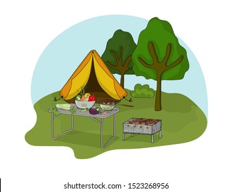 Illustration of a picnic on the nature with a tent, barbecue, barbecue and vegetables on a camping table.