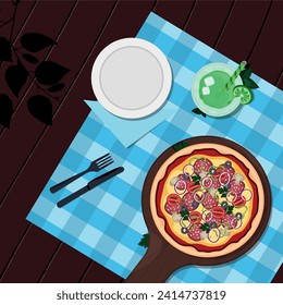 Illustration of a picnic, pizza and mojito.
