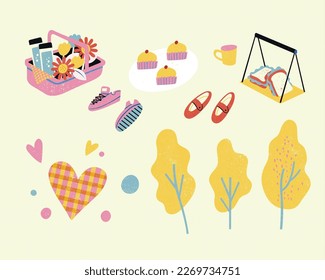 Illustration of picnic theme elements set, including basket filled with flowers and drinks, cupcakes on plate, shoes, sandwiches, love shape decor and trees isolated in pale yellow background.