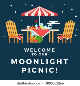 Ilustración de un picnic bajo el icono plano del vector de luz de la luna aislado