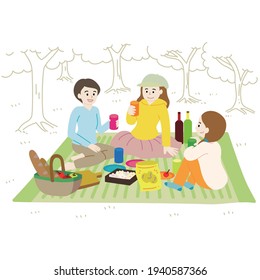 Illustration of a picnic where three young women are chatting in a fresh green forest