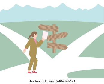 Illustration of a pictogram-style person at a crossroads in life