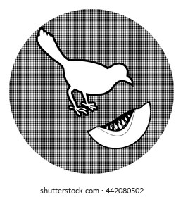 Illustration picture with bird and melon in checkered background. Silhouettes. Black and white.
