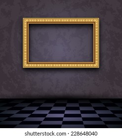 Illustration picture frame in dark empty interior - vector 