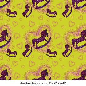 Illustration with a picture of a horse or unicorn and hearts. Pattern horse design. Wallpaper print. Fabric horse unicorn yellow coloured. Background horse.
