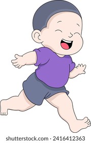 illustration of a picture of a kid's activity, a bald kid is running around with a happy face while on holiday, cartoon flat illustration