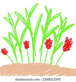 Illustration of a picture of a small child with chalk and crayons. Flowers and leaves in the style of a childlike depiction with chalk and crayons on a white background