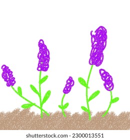Illustration of a picture of a small child with chalk and crayons. Flowers and leaves in the style of a childlike depiction with chalk and crayons on a white background