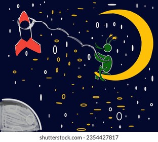 Illustration of a picture of a spaceship being pulled by an extraterrestrial creature with a rope