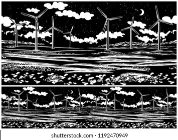 Illustration of a picturesque field with wind generators at night. Seamless horizontally if needed