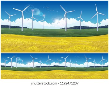 Illustration of a picturesque field with wind generators. Seamless horizontally if needed