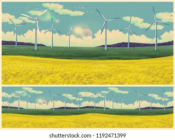 Illustration of a picturesque field with wind generators in retro poster style. Seamless horizontally if needed