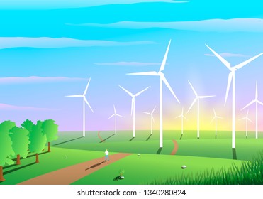 Illustration of picturesque landscape of a wind farm. Ecology concept, renewable sources of energy