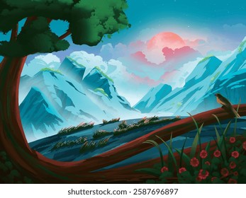 Illustration of a picturesque mountain landscape at sunrise, featuring a large sun, a clear sky, and a bird perched on a branch.