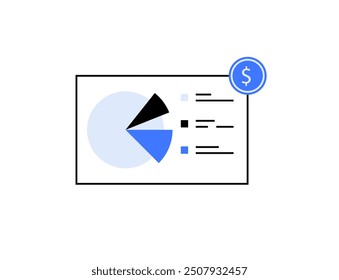 Illustration of a pie chart icon featuring financial data and a dollar sign. Themes include business finance, financial analysis, and data visualization. Simple and effective visual design.