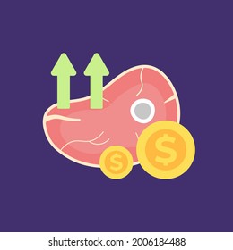 ilustración de un trozo de carne de res o de cordero, moneda, flecha hacia arriba. el concepto de alza de los precios de la carne y de los precios caros de la carne. experimentando aumentos de precios. estilo de dibujos animados planos. diseño vectorial