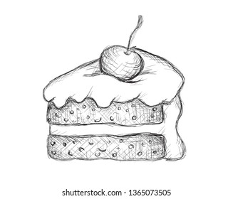 Illustration of a piece of cake and a cherry. Vector sketch on a white background.