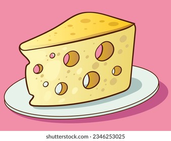 Illustration of a piece of cheese on a white plate on a pink background