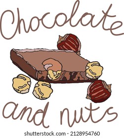 Illustration of a piece of chocolate with nuts on a white background. Sweets, snacks, nuts, hazelnuts, chocolate, ready to use, eps. For your design