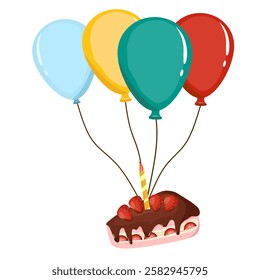 Illustration of a piece of chocolate strawberry cake floating because it is pulled by a helium balloon, element design for party or birthday theme