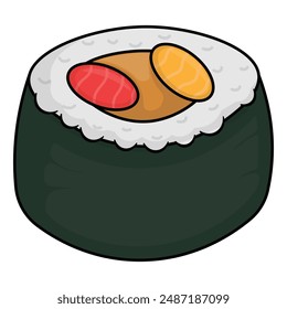 an illustration of a piece of maki sushi a traditional Japanese dish. It features rice wrapped in dark green seaweed nori, topped with red and yellow and orange fish or seafood.