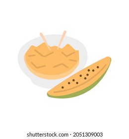 illustration of a piece of papaya and pieces of papaya that are put in a bowl. tropical fruit. The fruit comes from Mexico. fruit and food. flat cartoon style. vector design