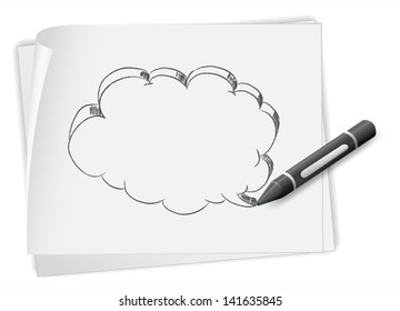 Illustration of a piece of paper with a drawing of an empty callout and a crayon on a white background