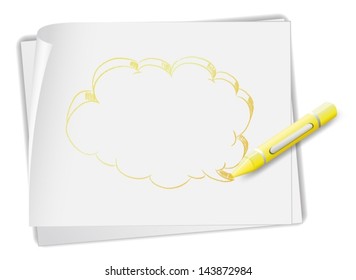 Illustration of a piece of paper with an empty callout and a crayon on a white background