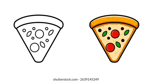 Illustration of a piece of pizza food, pizza icon, pizza logo, pizza sticker, drawing.