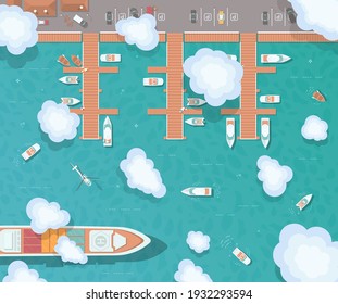 Illustration of a pier in flat style. Top view of the harbor. Wooden piers with boats. Container ship, yachts, boats, sea transport in the port. The helicopter flies over the ocean. 