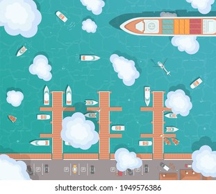 Illustration of a pier in flat style. Top view of the harbor. Wooden piers with boats. Container ship, yachts, boats, sea transport in the port. The helicopter flies over the ocean. 