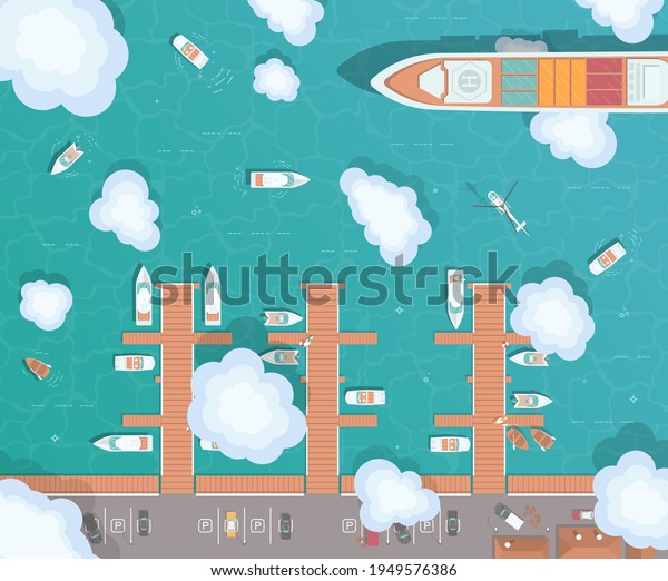 Illustration of a\
pier in flat style. Top view of the harbor. Wooden piers with\
boats. Container ship, yachts, boats, sea transport in the port.\
The helicopter flies over the ocean.\
