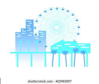 Illustration from the pier on which there are ferris wheel , street lights and buildings in the background of the city