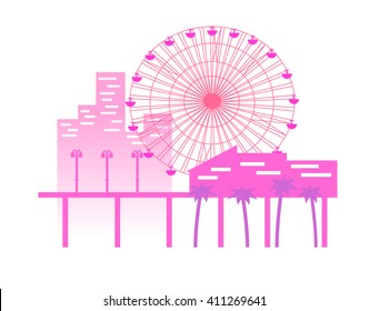 Illustration from the pier on which there are ferris wheel , street lights and buildings in the background of the city