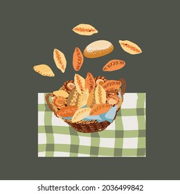 illustration with pies and wicker basket, vector design for paper, fabric and other surface