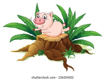 Illustration of a pig balancing above a wood on a white background