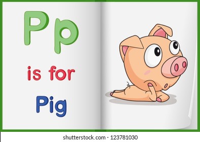 Illustration of a pig in a book on a white background