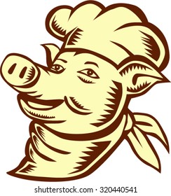 Illustration of a pig chef cook head wearing hat looking up to the side set on isolated white background done in retro woodcut style. 