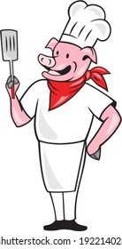 Illustration of a pig chef cook holding spatula viewed from front done in cartoon style on isolated white background.