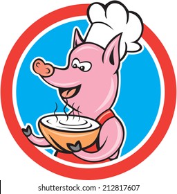 Illustration of a pig chef cook holding hot bowl of soup serving facing side set inside circle on isolated background done in cartoon style 